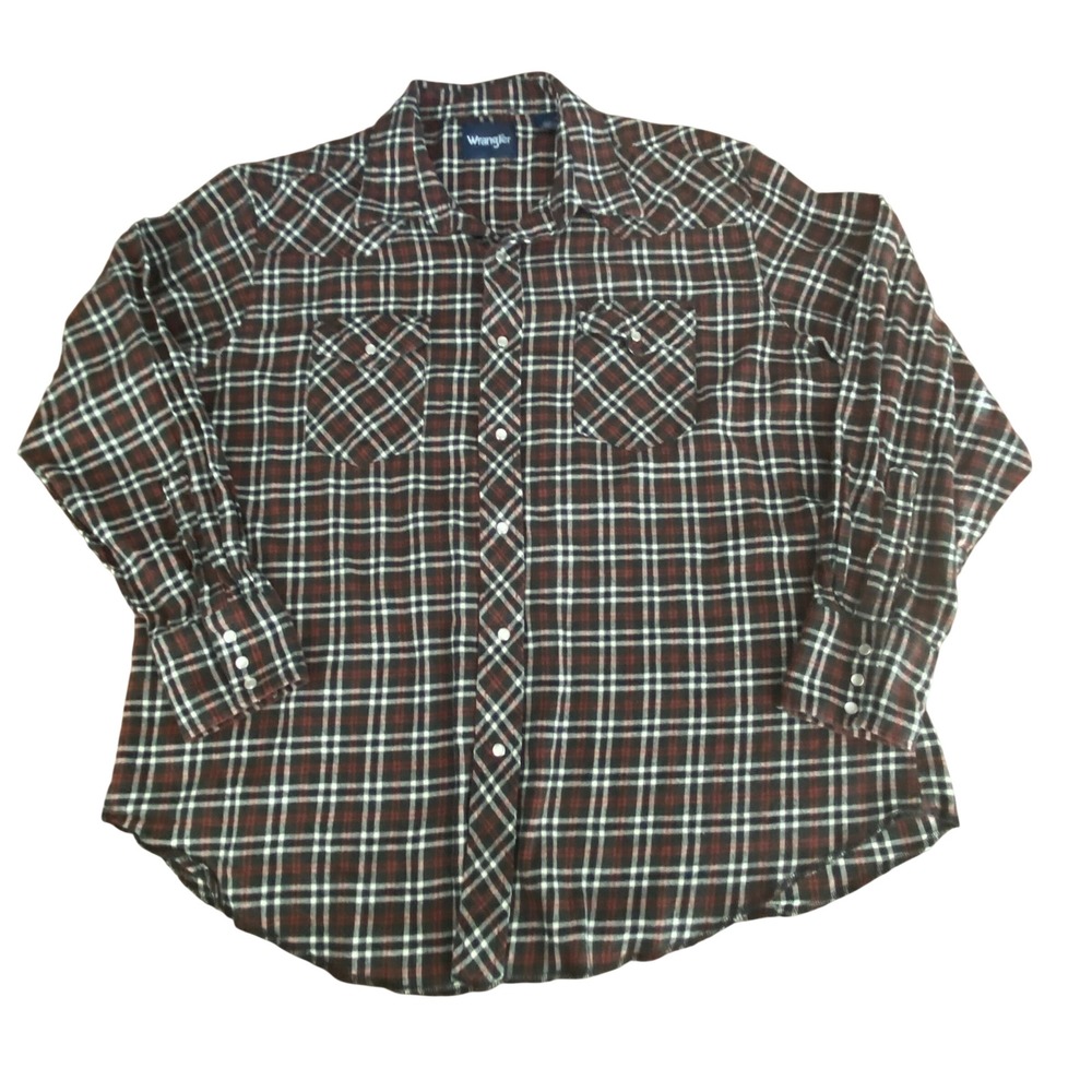 Wrangler Mens XXL Plaid Western Pearl Snap‎ Flannel Shirt Green Red 75098AA